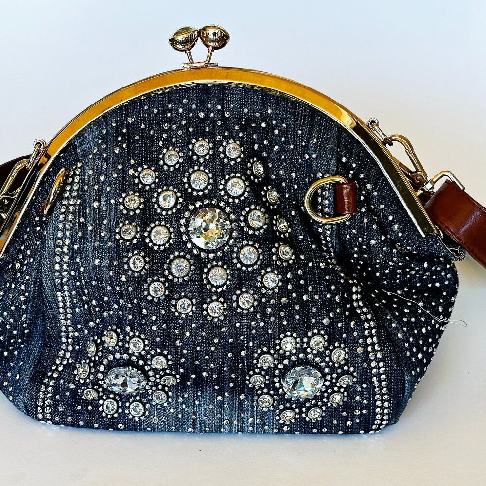 Rhinestone Covered Denim-looking  Purse; 14" wide and 10" high; snap closure;
